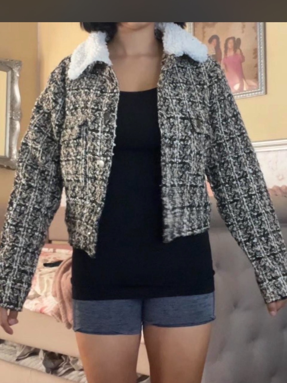 Sweet Rain Black and White Tweed Jacket with Faux Sherpa Collar